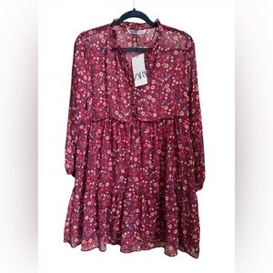 Zara Red Blue Floral A-Line Boho Peasant Style Spring Dress NWT Size Medium